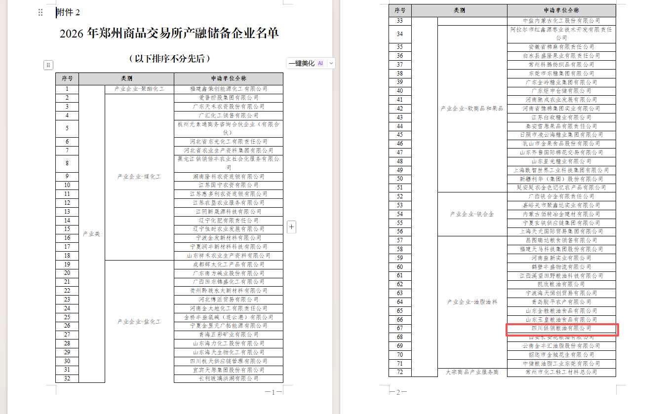 四川供销粮油有限公司获评2026年郑州商品交易所产融储备企业（油脂油料类）